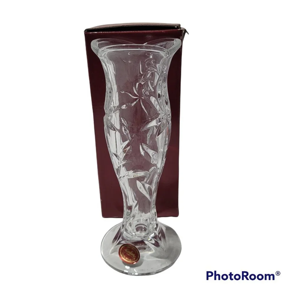 Gorham Etched Flower Bud Vase Fine Crystal Clear 8 in Czech Republic Etched